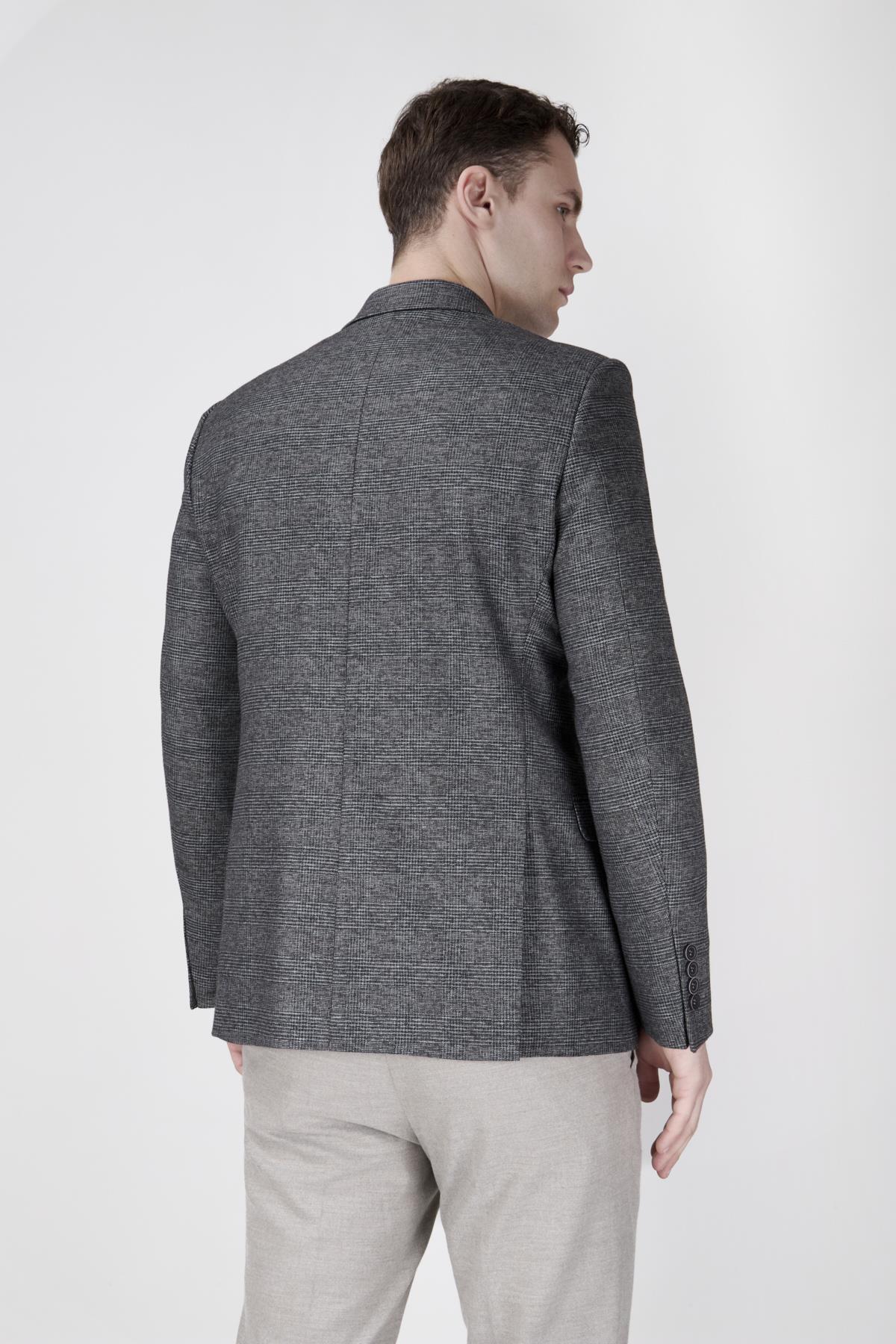 Erkek Slim Fit Sivri Yaka Ekose Füme Ceket