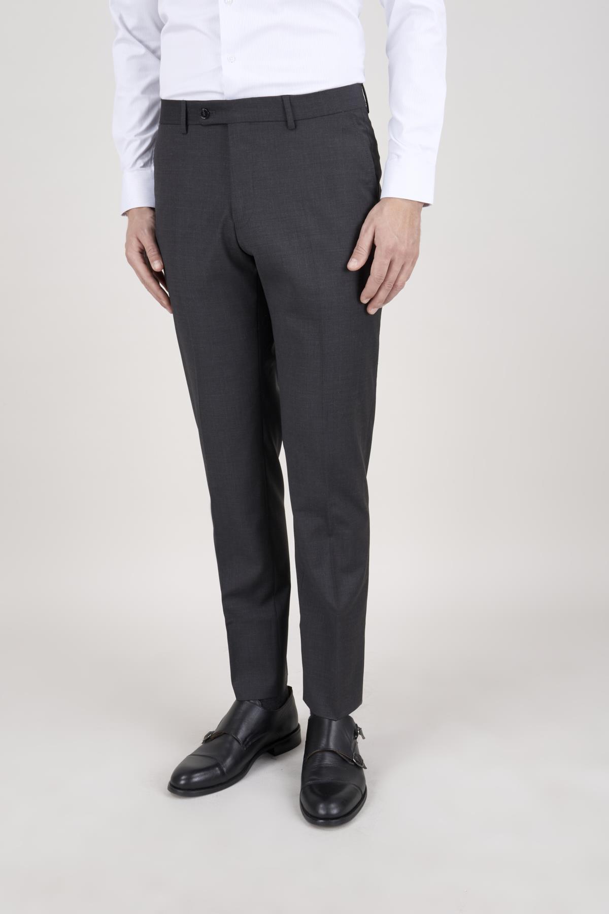 Erkek Slim Fit Sivri Yaka Füme Yelekli Takım Elbise
