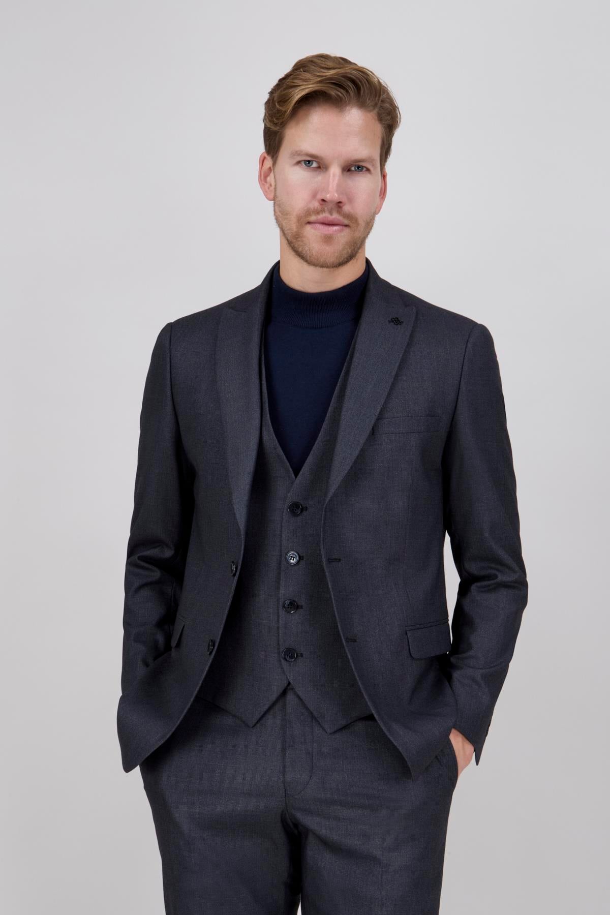 Erkek Slim Fit Sivri Yaka Füme Yelekli Takım Elbise