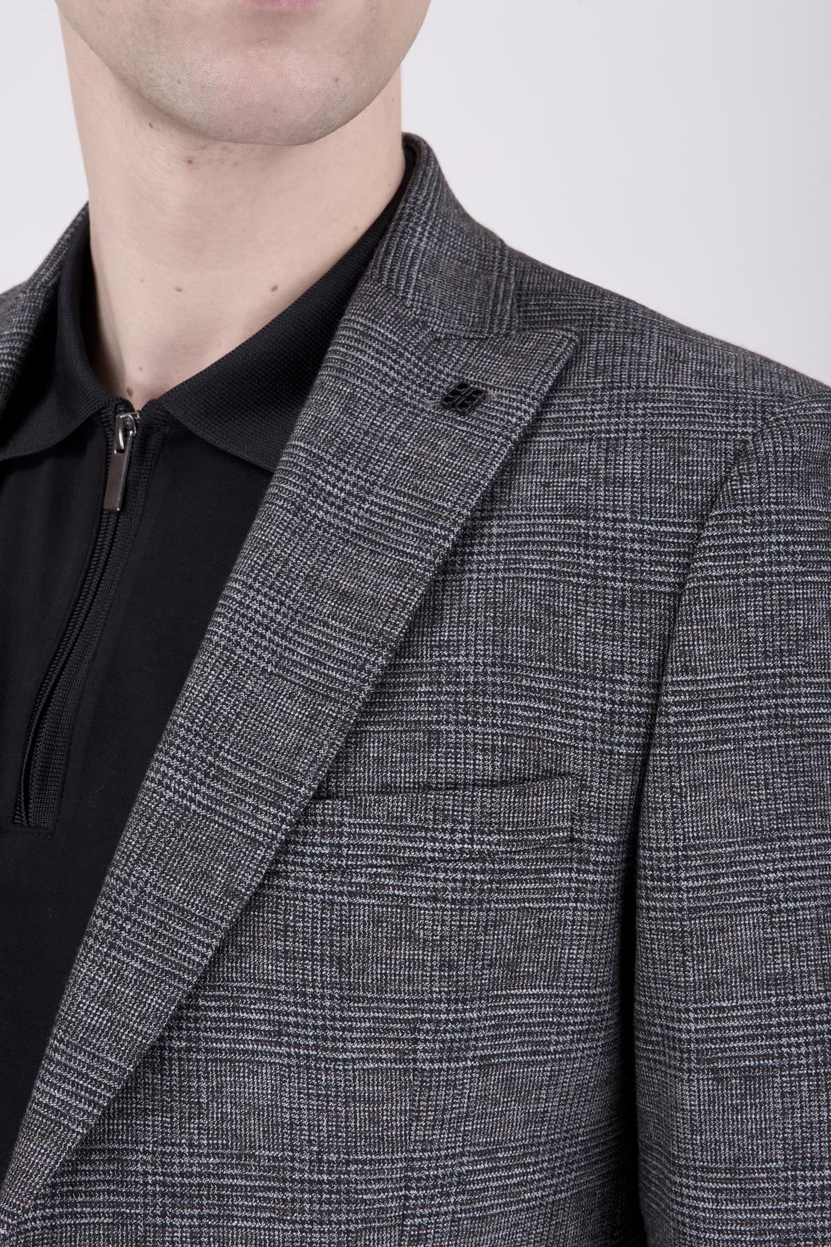 Erkek Slim Fit Sivri Yaka Ekose Füme Ceket