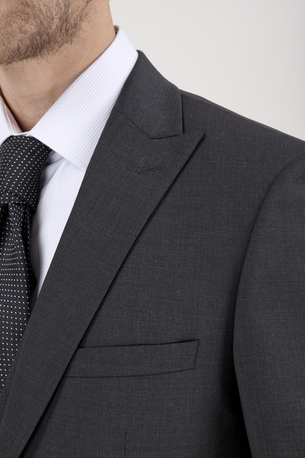 Erkek Slim Fit Sivri Yaka Füme Yelekli Takım Elbise
