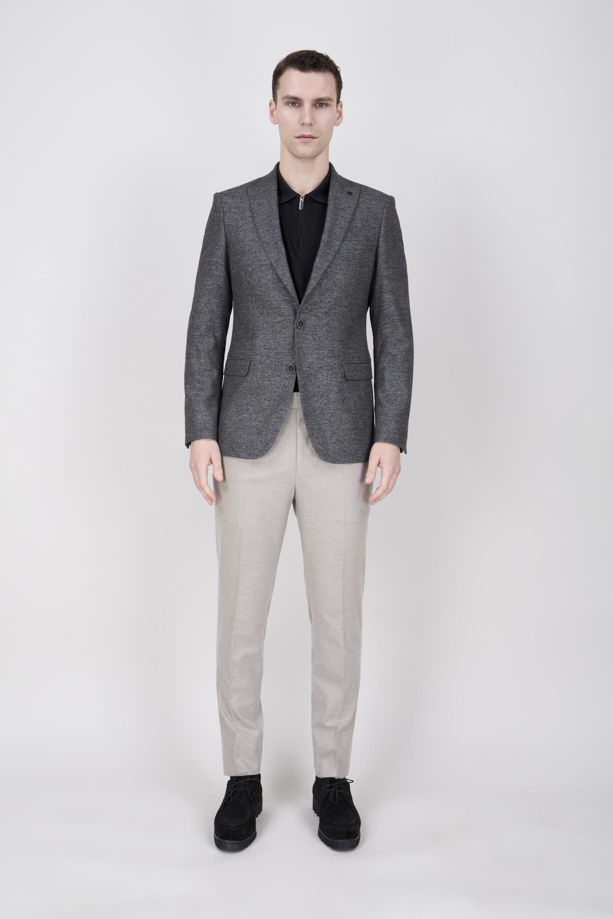 Erkek Slim Fit Sivri Yaka Ekose Füme Ceket