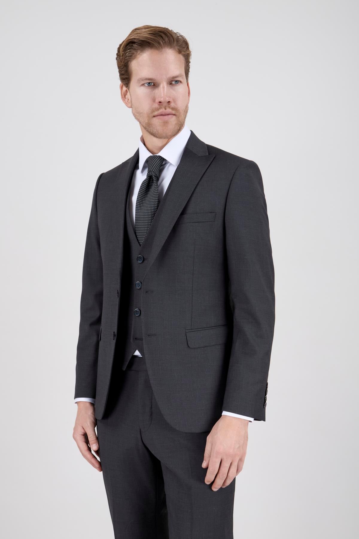 Erkek Slim Fit Sivri Yaka Füme Yelekli Takım Elbise