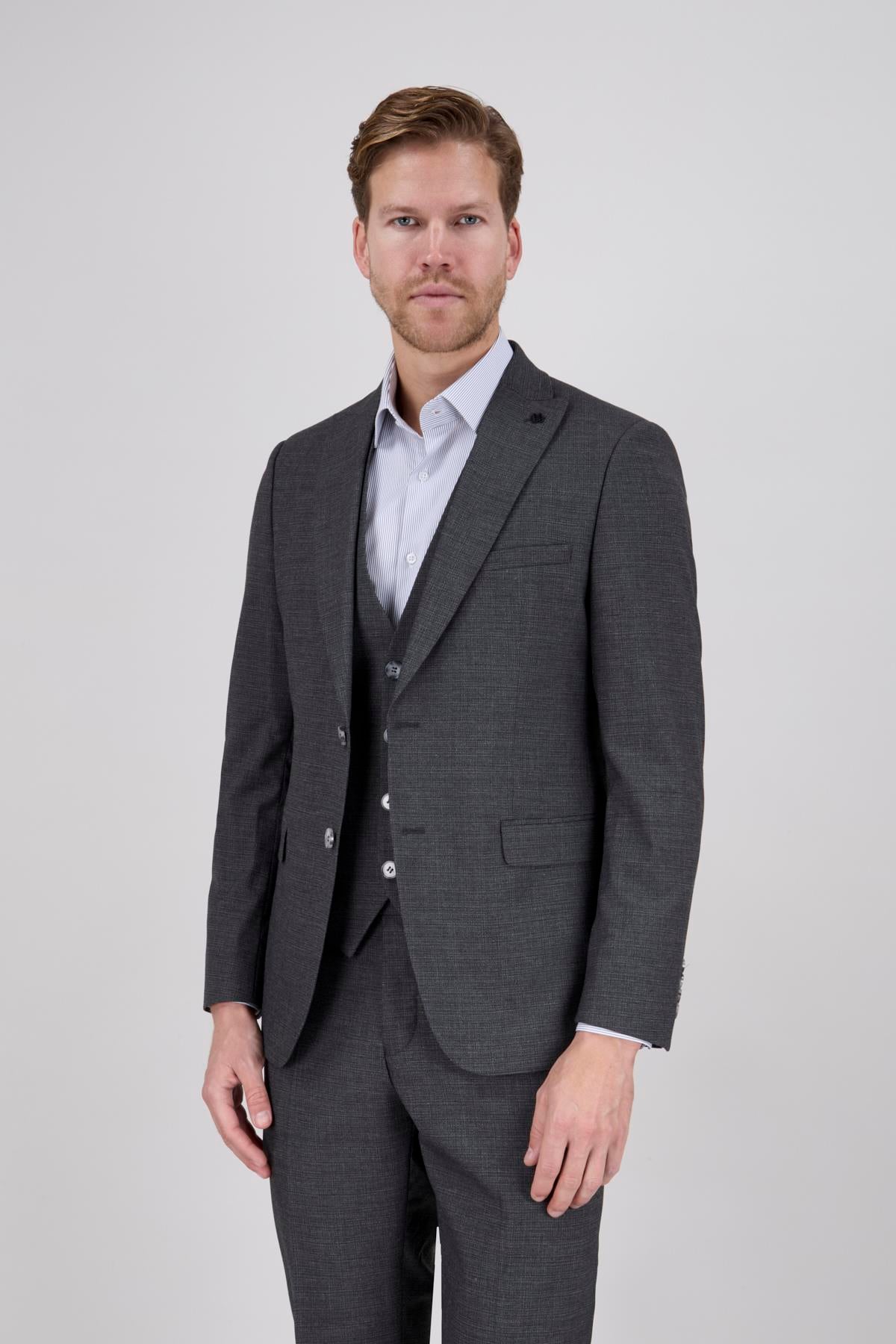 Erkek Slim Fit Sivri Yaka Füme Yelekli Takım Elbise