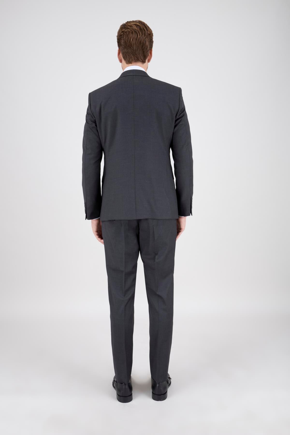 Erkek Slim Fit Sivri Yaka Füme Yelekli Takım Elbise