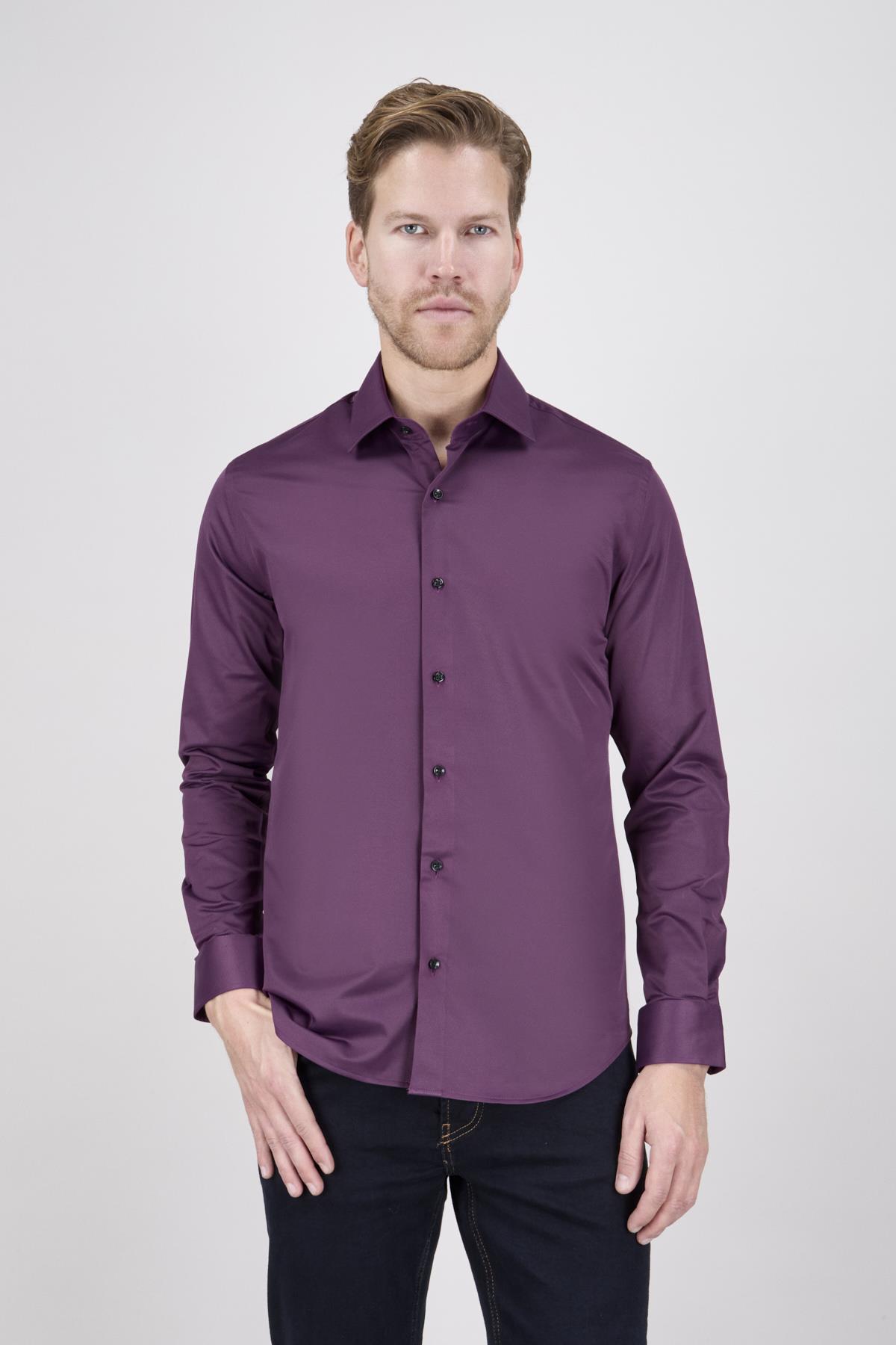 Erkek Fuşya Mürdüm Renk Slim Fit Gömlek