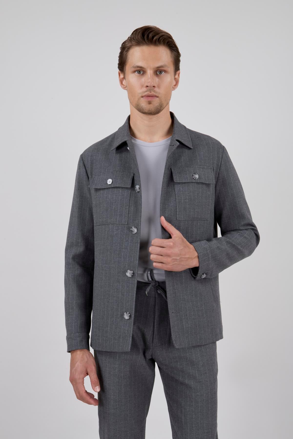 Erkek Slim Fit Gri Renk Gömlek Ceket Kapak Cepli Spor Alt Üst Takım