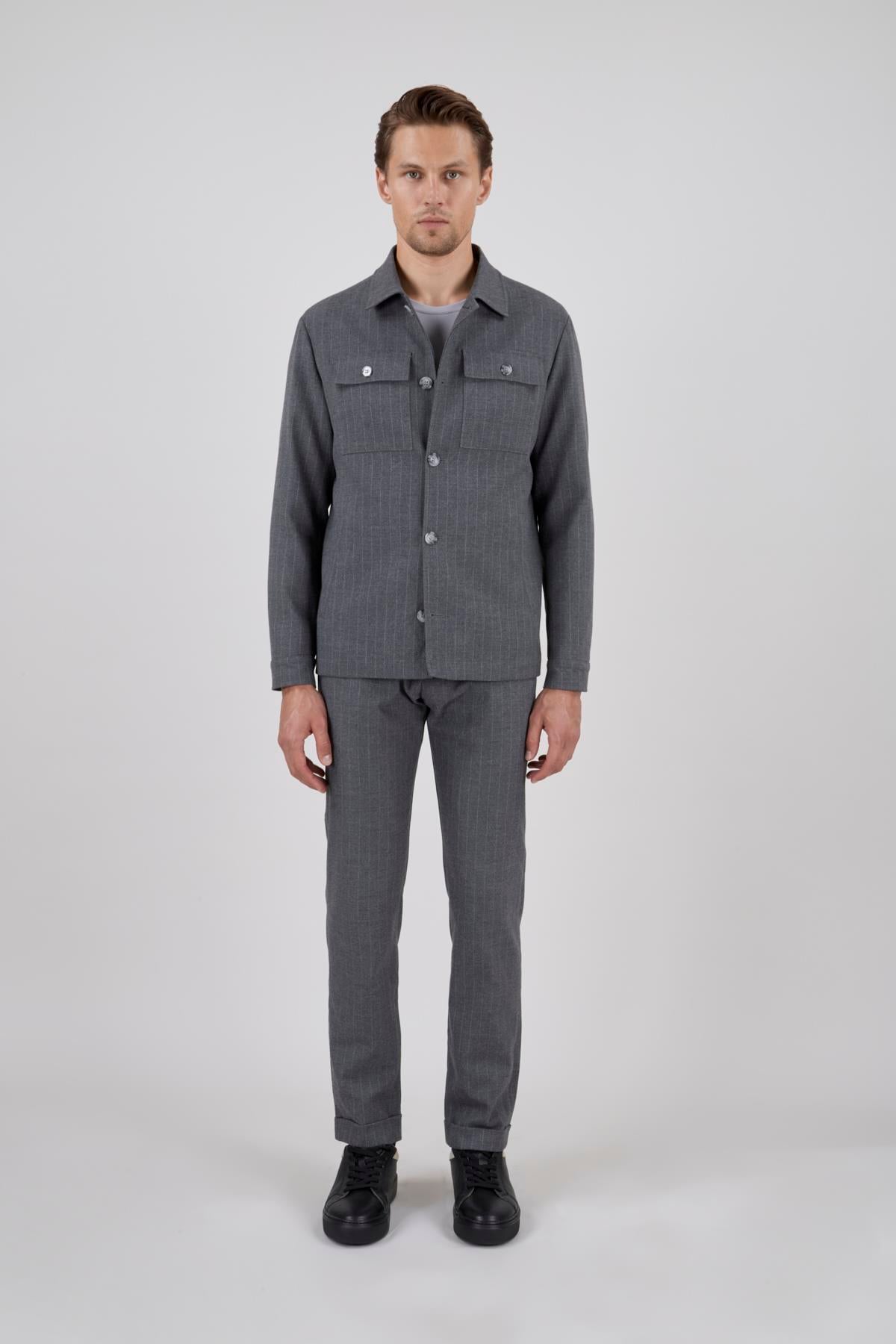 Erkek Slim Fit Gri Renk Gömlek Ceket Kapak Cepli Spor Alt Üst Takım