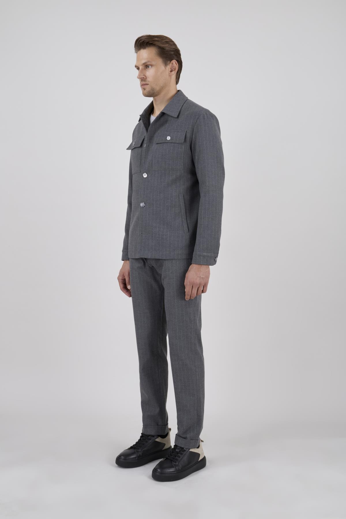 Erkek Slim Fit Gri Renk Gömlek Ceket Kapak Cepli Spor Alt Üst Takım