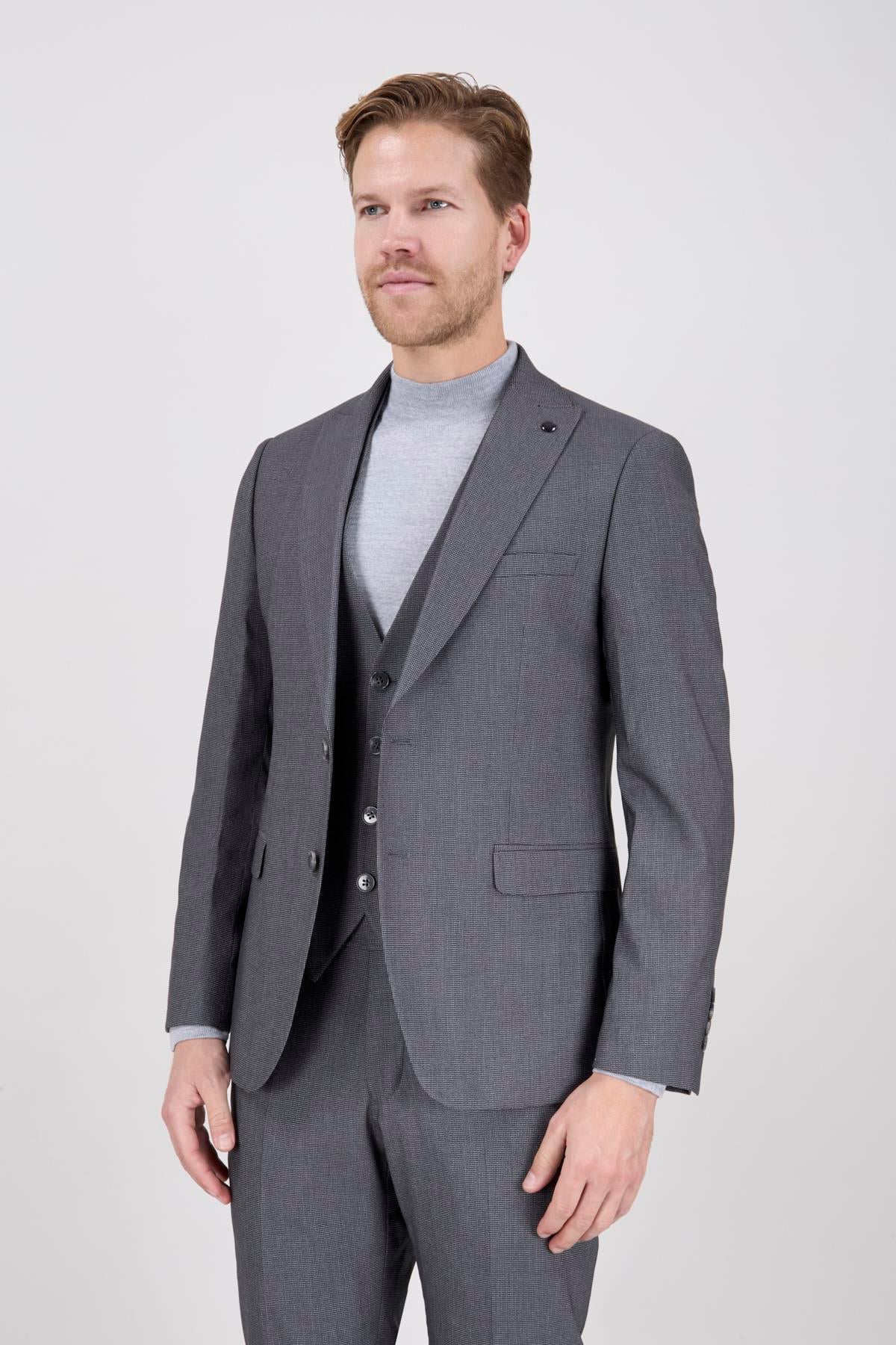 Erkek Slim Fit Sivri Yaka Gri Yelekli Takım Elbise