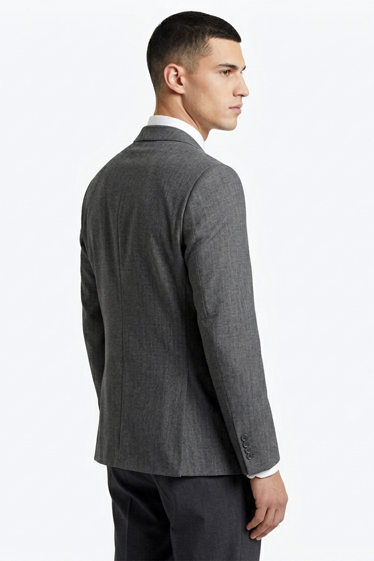 Erkek Slim Fit Sivri Yaka Gri Yelekli Takım Elbise