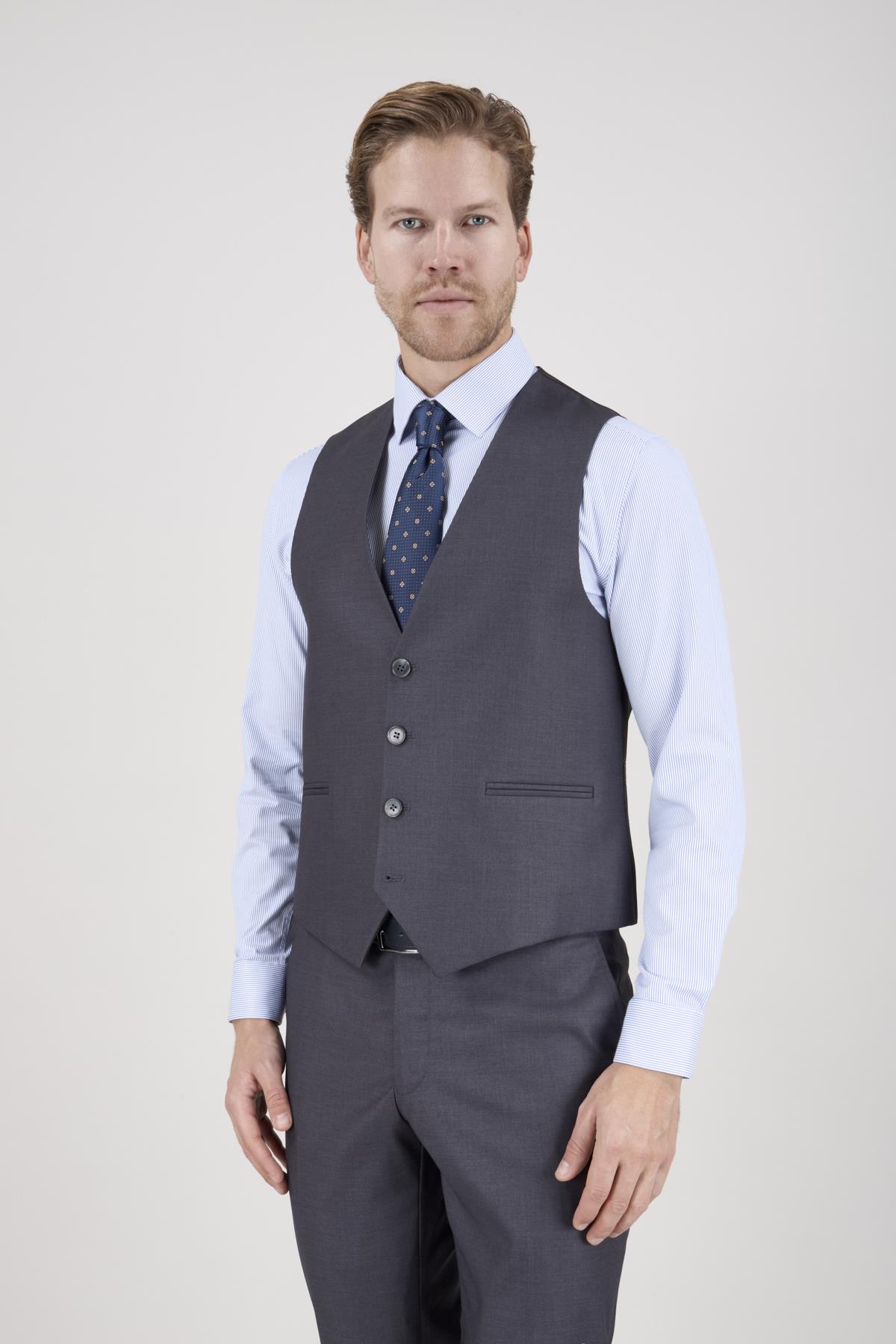 Erkek Slim Fit Sivri Yaka Gri Yelekli Takım Elbise