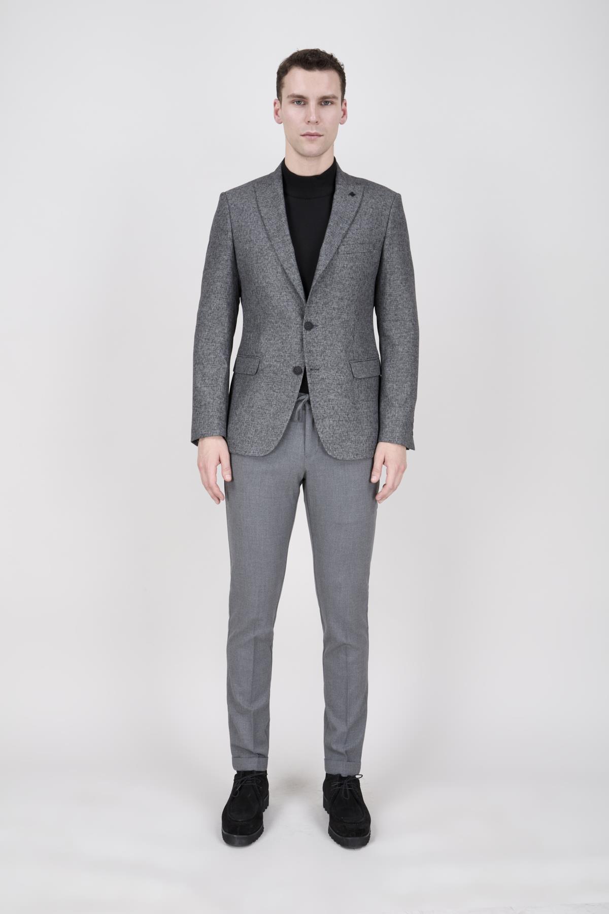 Erkek Slim Fit Sivri Yaka Gri Ceket