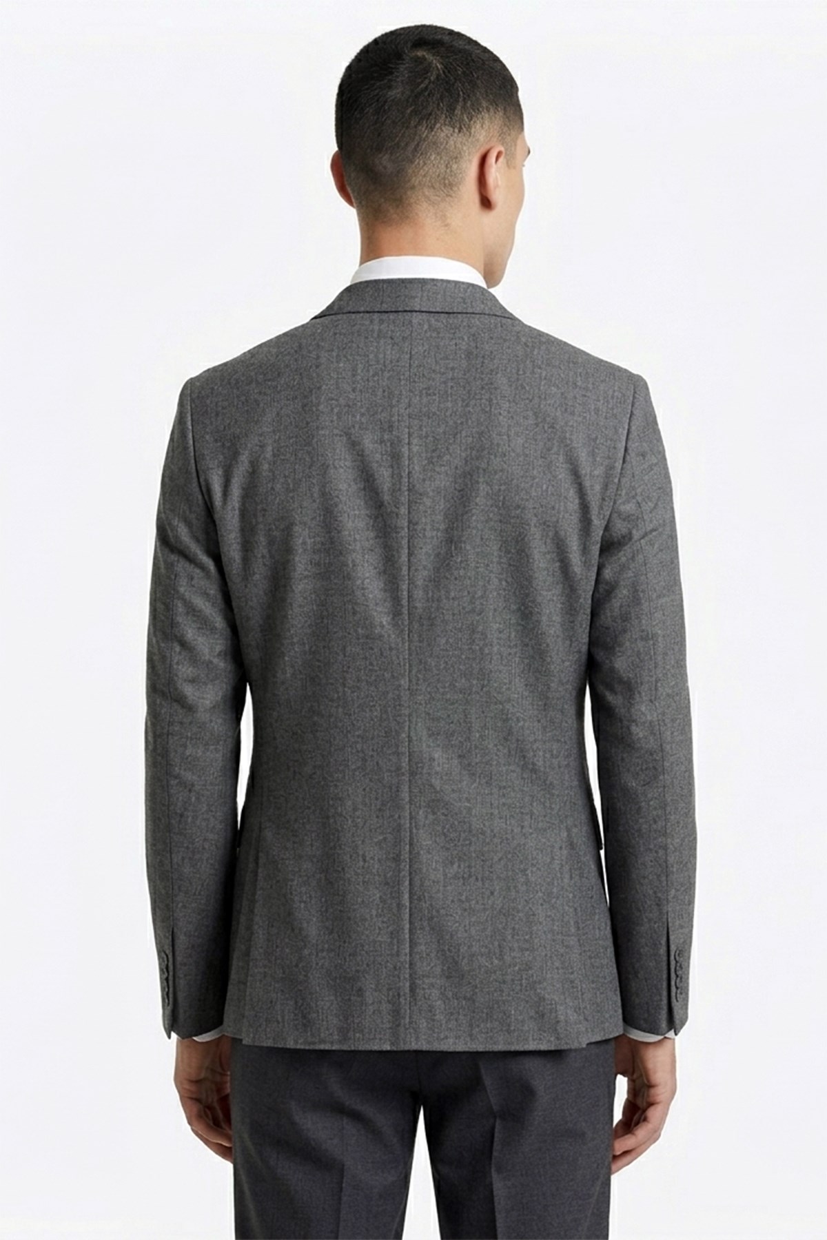 Erkek Slim Fit Sivri Yaka Gri Yelekli Takım Elbise