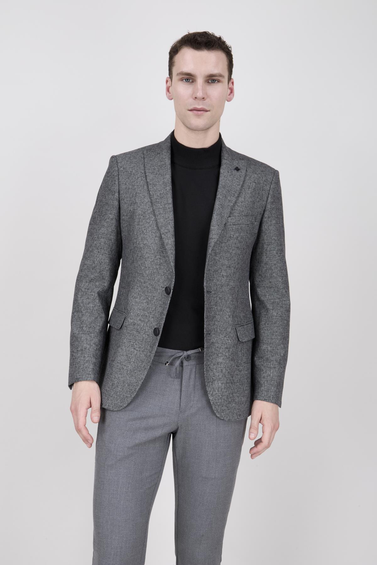 Erkek Slim Fit Sivri Yaka Gri Ceket