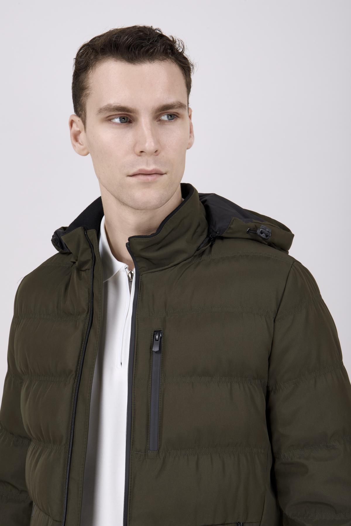 Erkek Kapşonlu Haki Mont