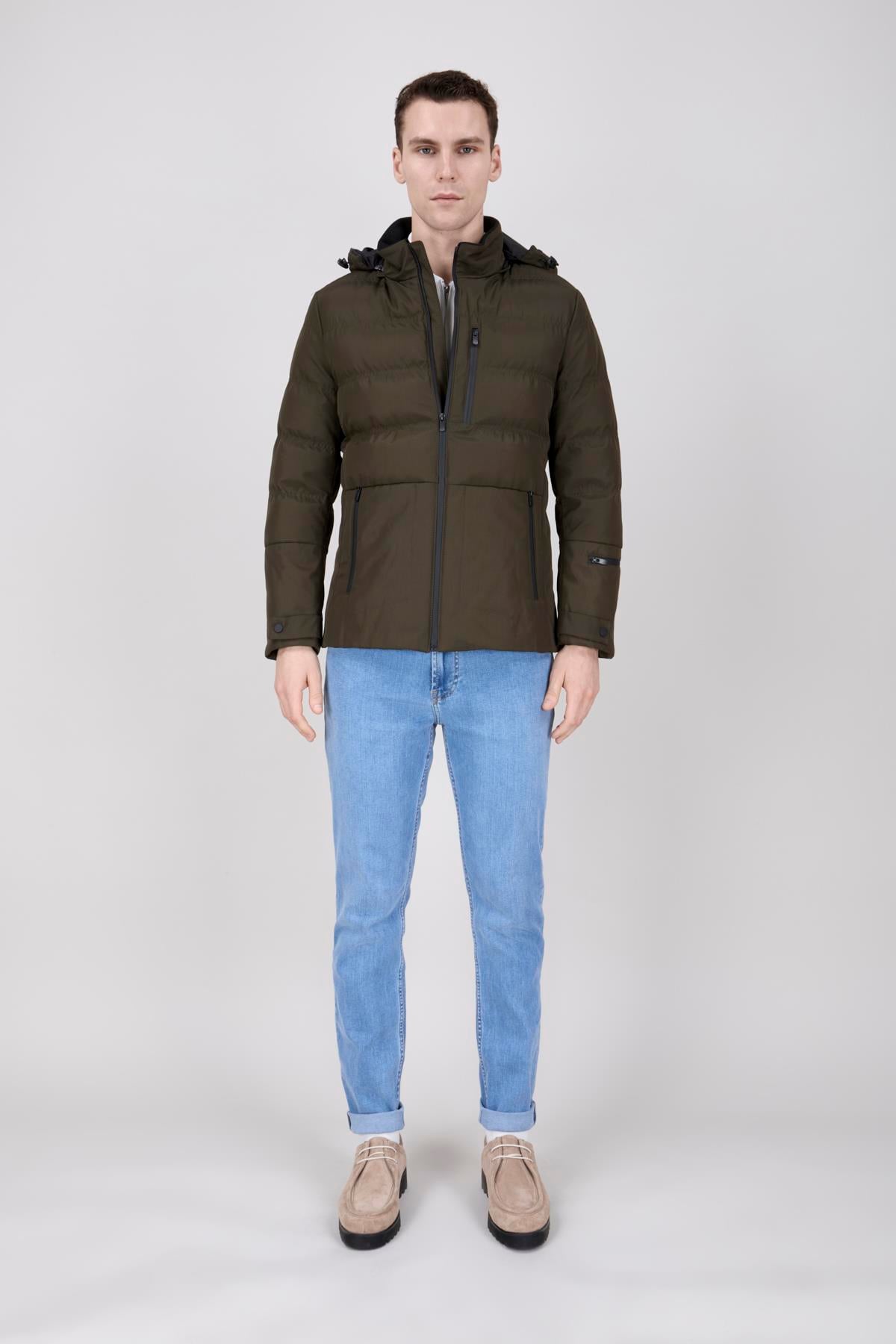 Erkek Kapşonlu Haki Mont