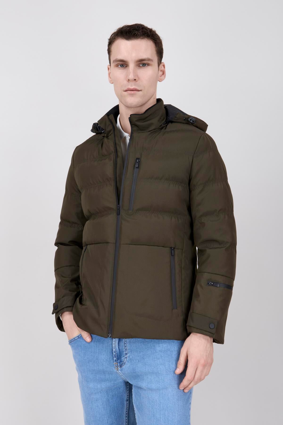 Erkek Kapşonlu Haki Mont