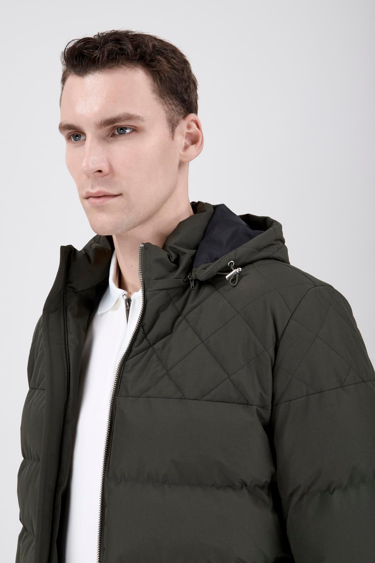 Erkek Kapşonlu Haki Şişme Mont