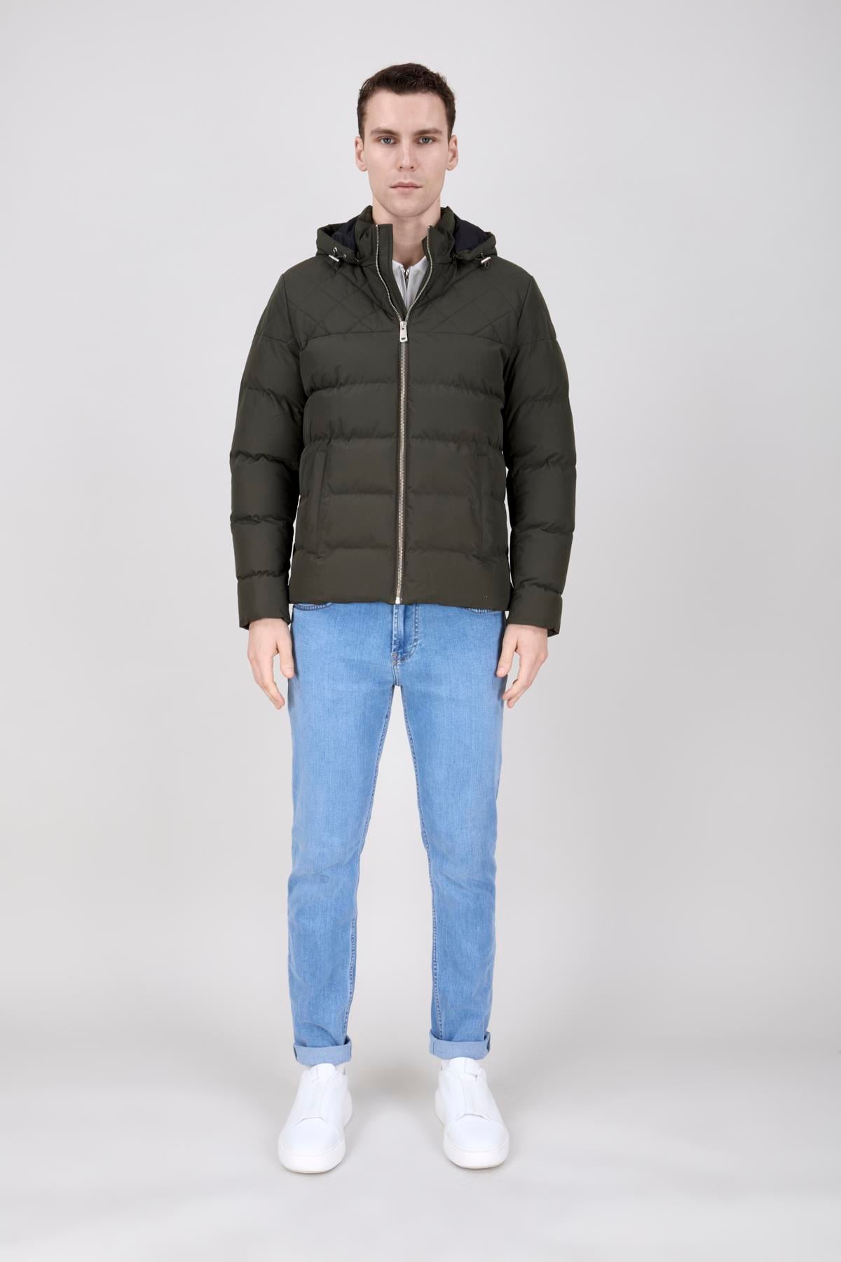 Erkek Kapşonlu Haki Şişme Mont