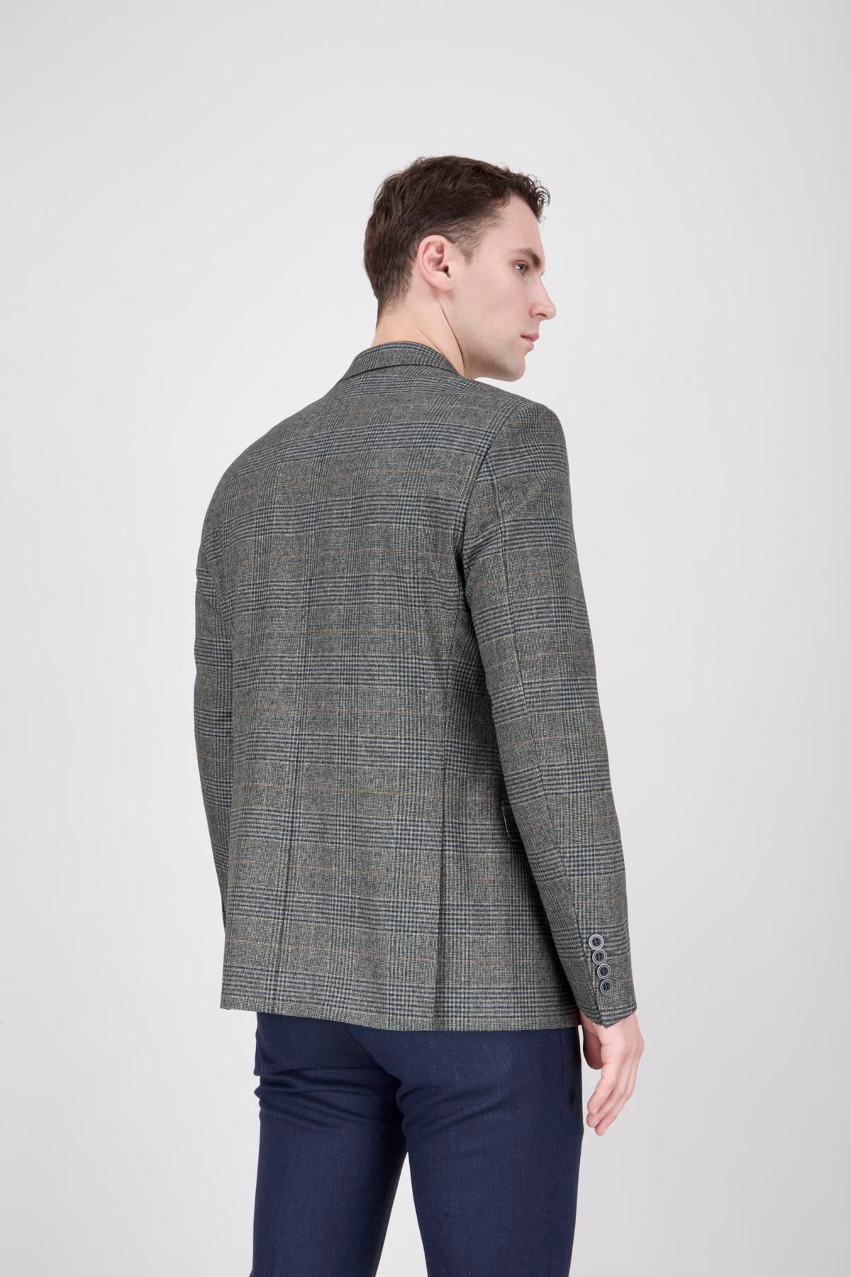 Erkek Slim Fit Mono Yaka Ekose Açık Ceket