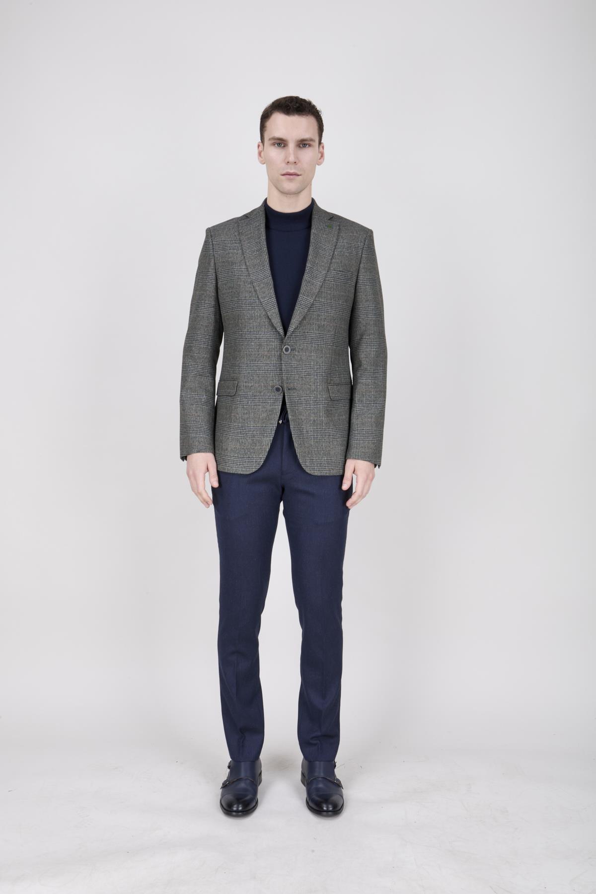 Erkek Slim Fit Mono Yaka Ekose Açık Ceket