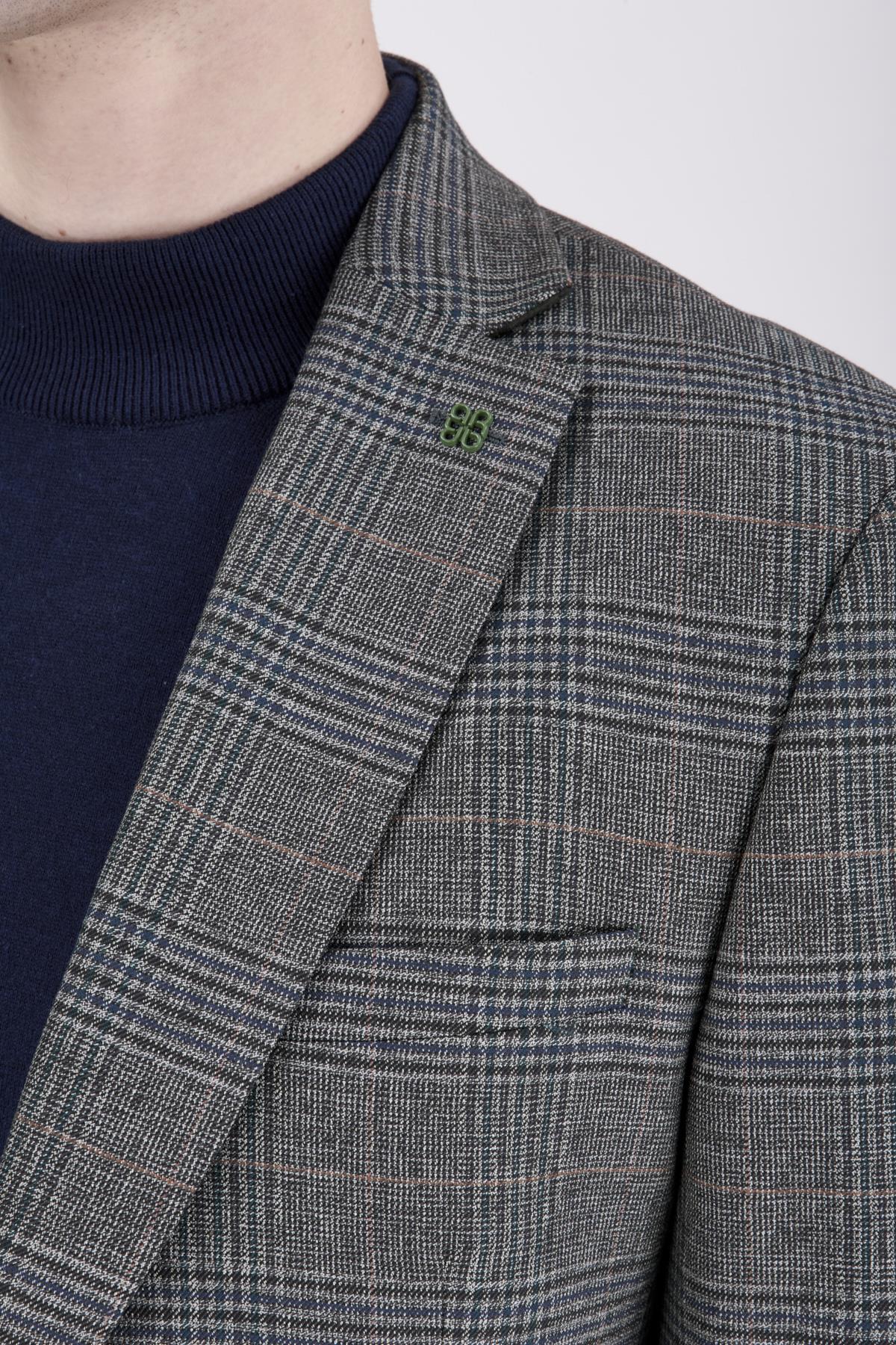 Erkek Slim Fit Mono Yaka Ekose Açık Ceket