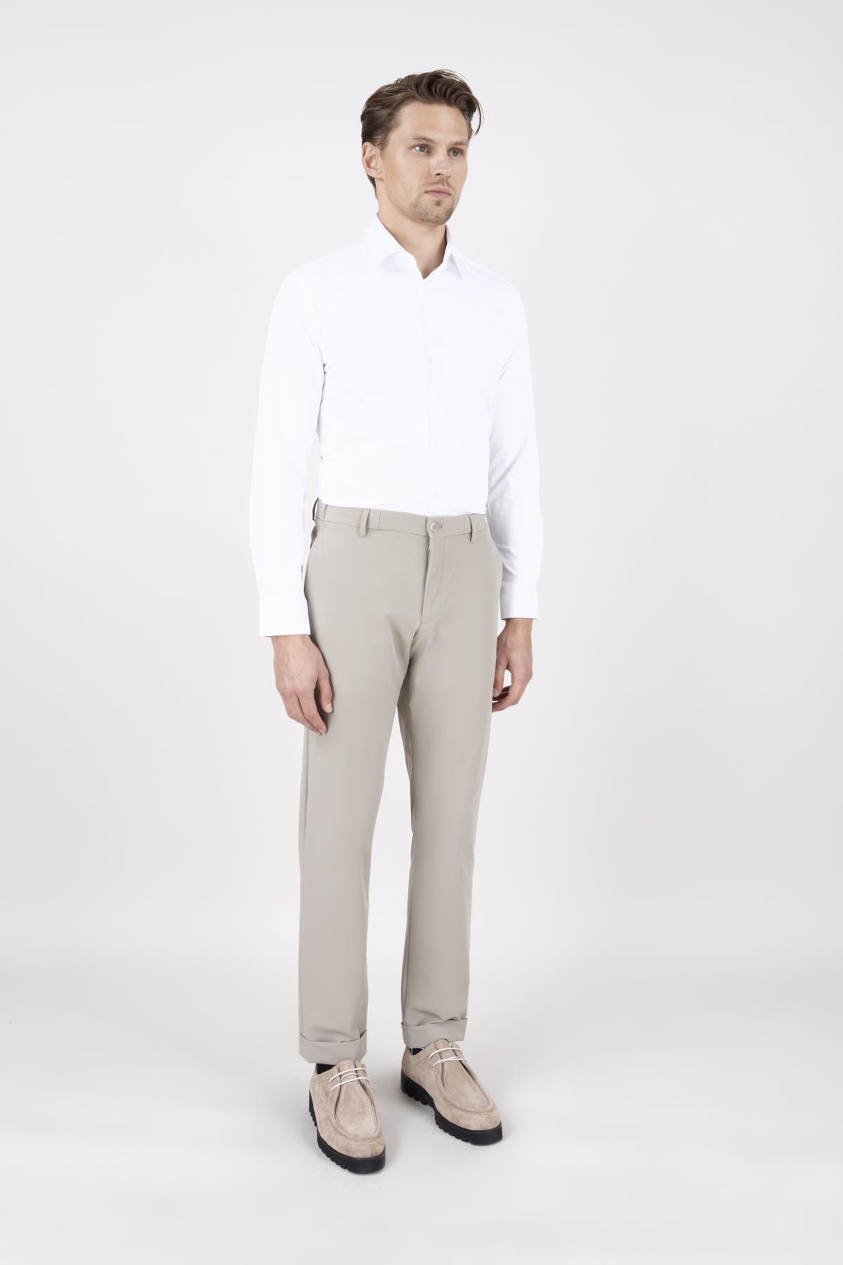 Erkek Slim Fit Sivri Yaka Torba Cep Yarım Astar Koyu Bej Kruvaze Takım Elbise