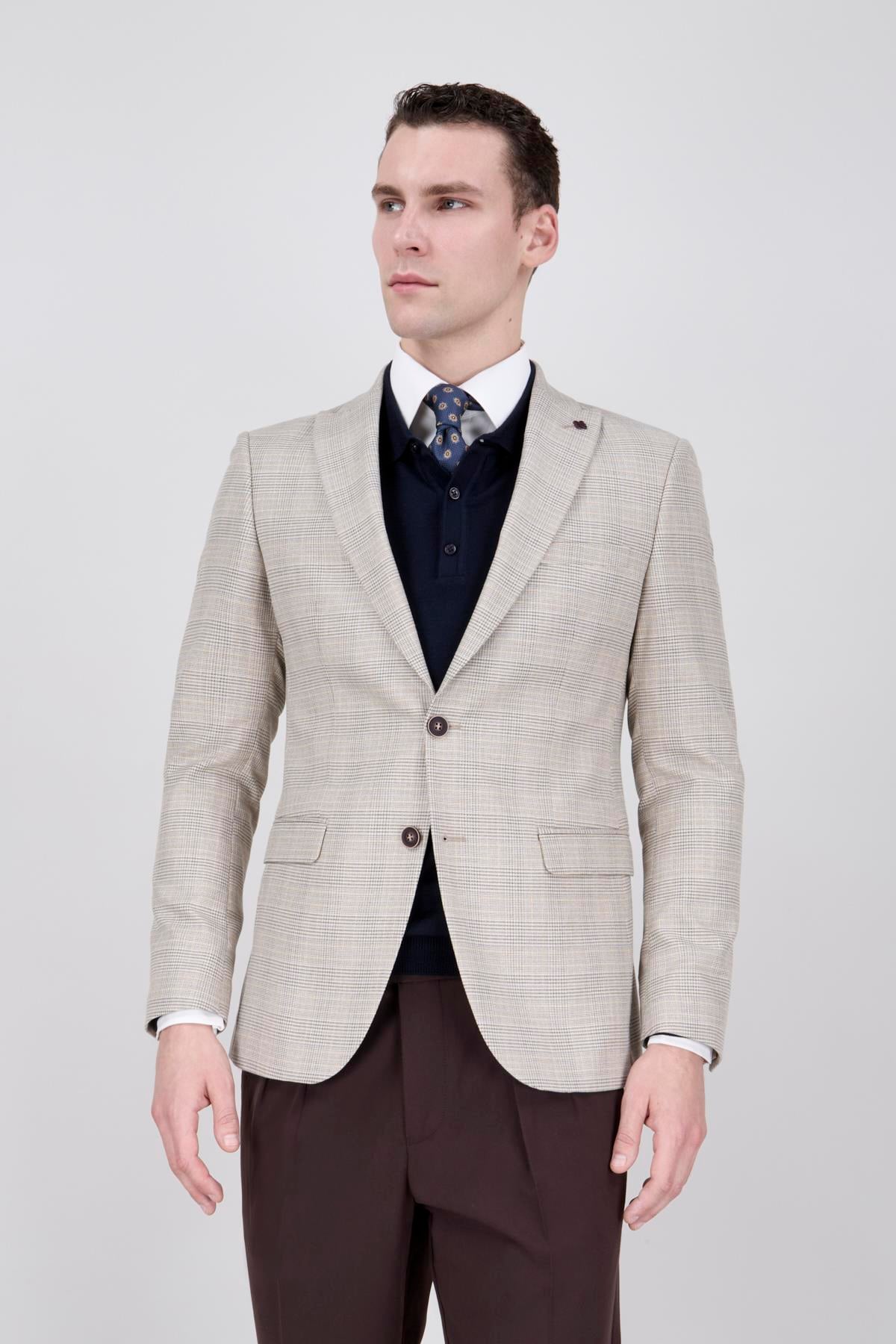 Erkek Slim Fit Mono Yaka Ekose Koyu Bej Ceket