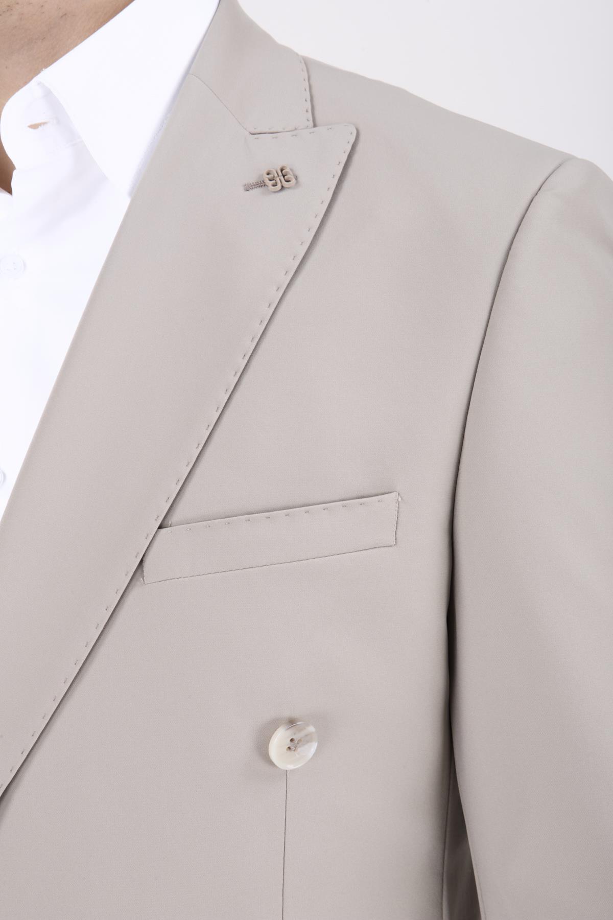 Erkek Slim Fit Sivri Yaka Torba Cep Yarım Astar Koyu Bej Kruvaze Takım Elbise