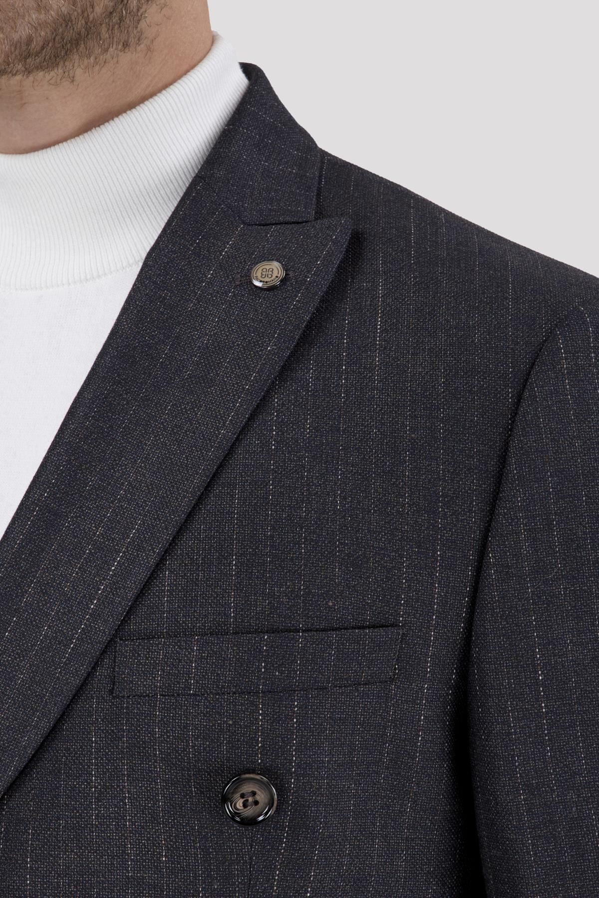 Erkek Slim Fit Sivri Yaka Koyu Kahverengi Kruvaze Model Takım Elbise