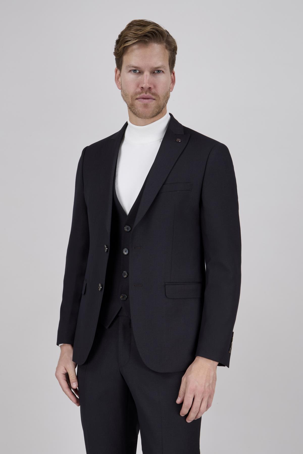 Erkek Slim Fit Sivri Yaka Koyu Kahverengi Yelekli Takım Elbise