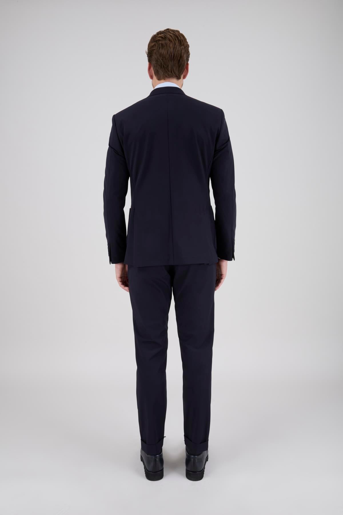 Erkek Slim Fit Sivri Yaka Torba Cep Yarım Astar Koyu Lacivert Kruvaze Takım Elbise