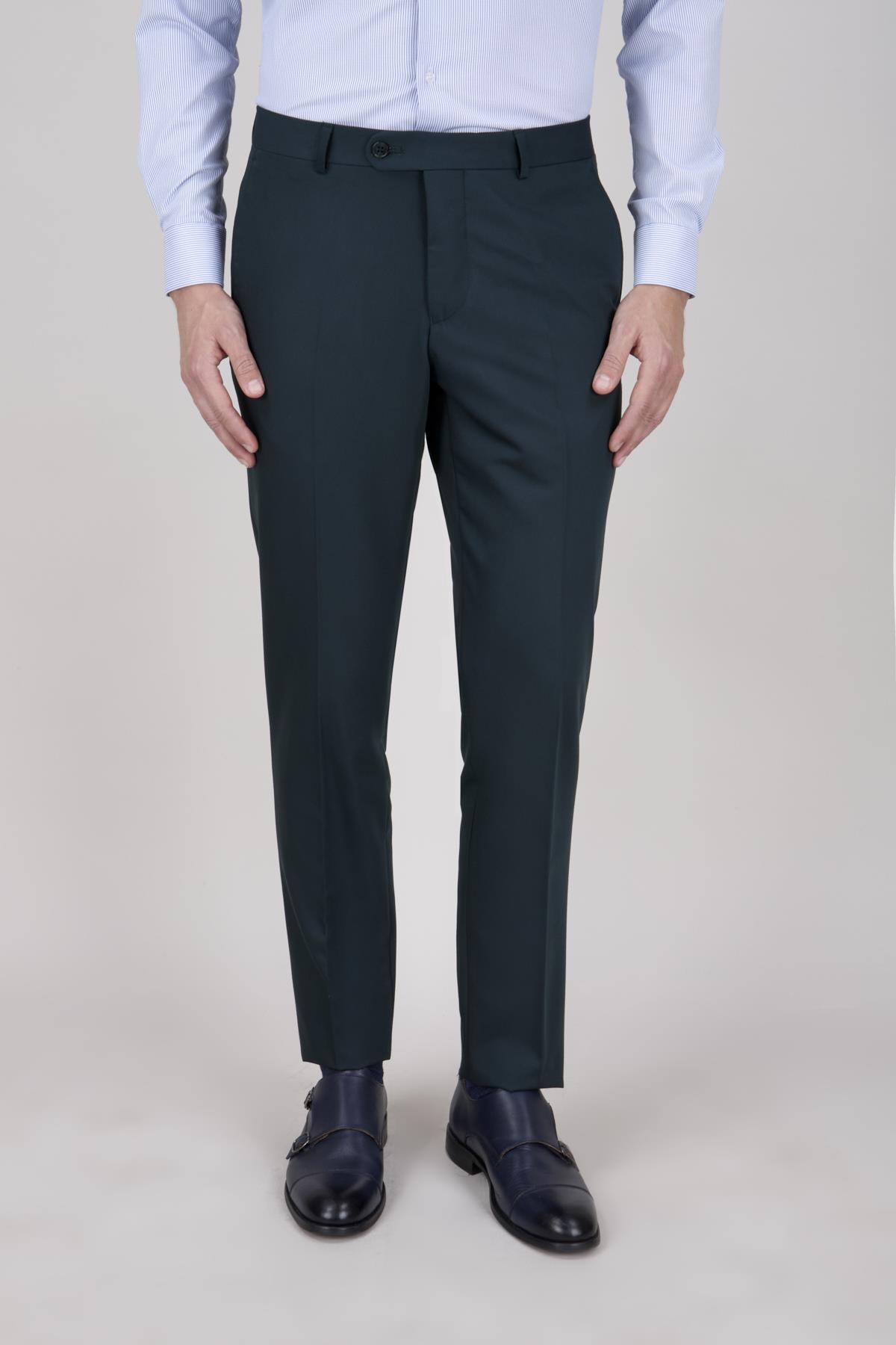 Erkek Slim Fit Mono Yaka Koyu Yeşil Yelekli Takım Elbise