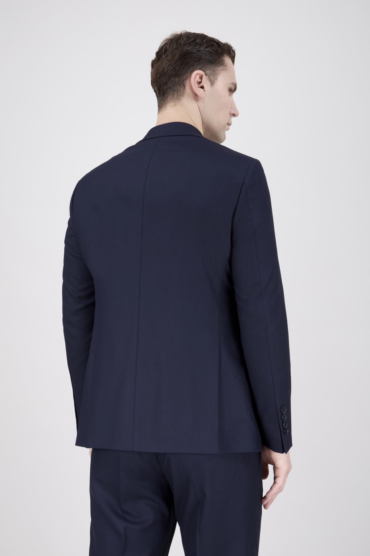 Erkek Slim Fit Sivri Yaka Koyu Lacivert Yelekli Takım Elbise