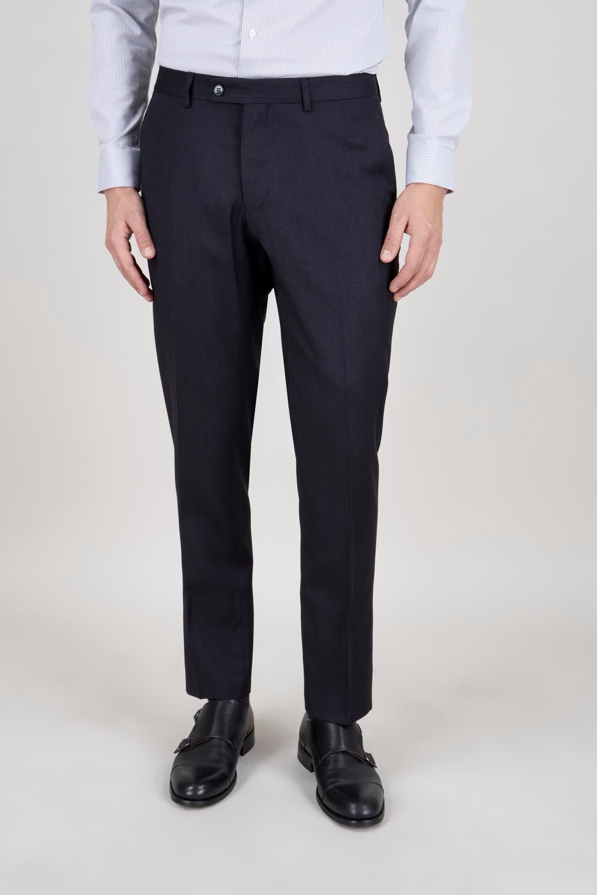 Erkek Slim Fit Mono Yaka Koyu Lacivert 8 Drop Yelekli Takım Elbise