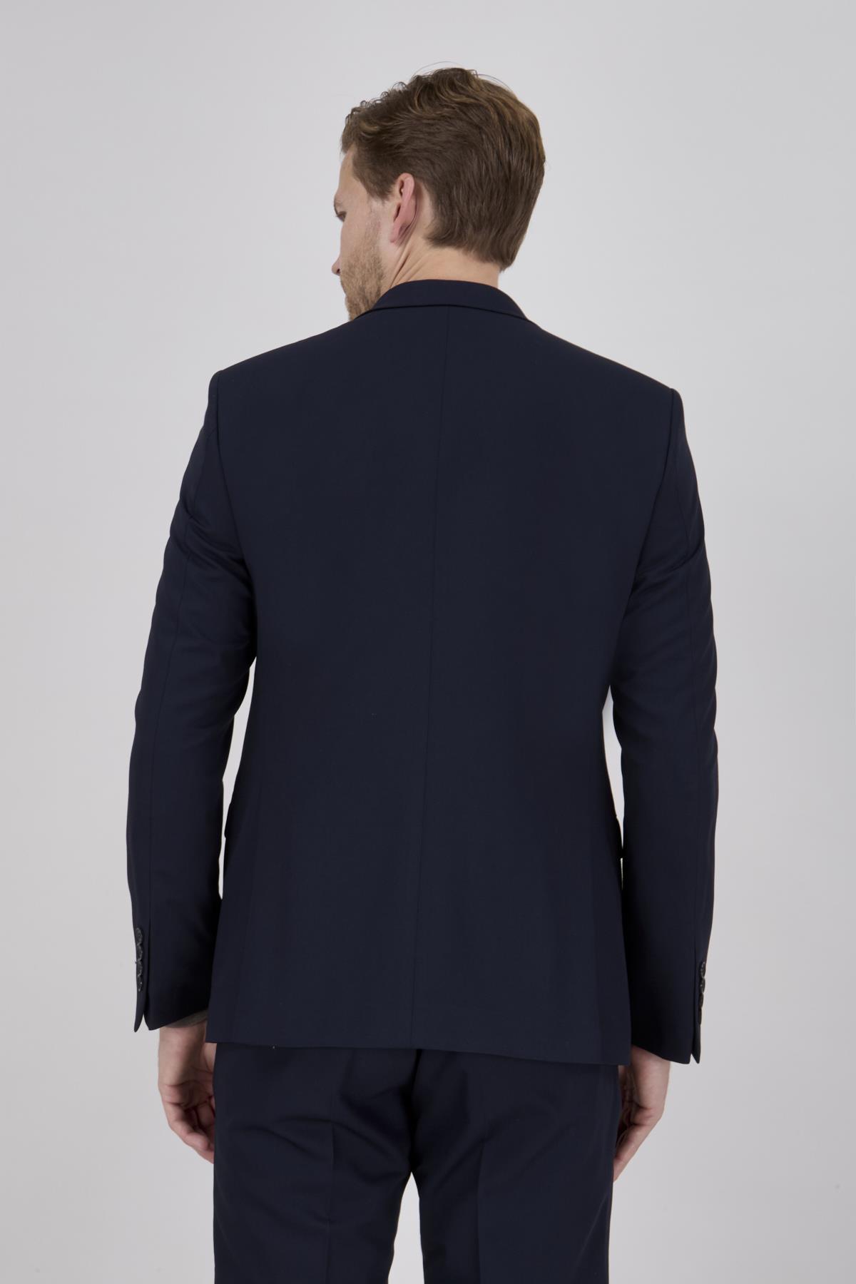 Erkek Slim Fit Sivri Yaka Koyu Lacivert Yelekli Takım Elbise