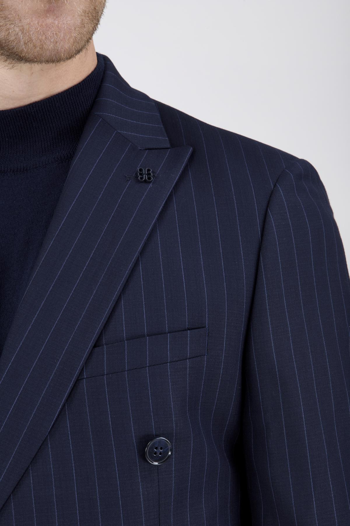 Erkek Slim Fit Sivri Yaka Koyu Lacivert Kruvaze Takım Elbise