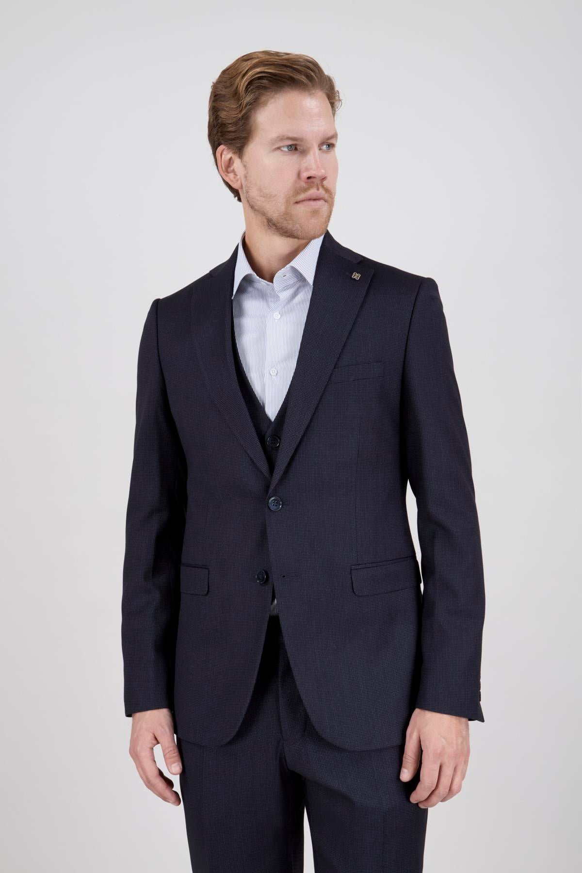 Erkek Slim Fit Mono Yaka Koyu Lacivert 8 Drop Yelekli Takım Elbise