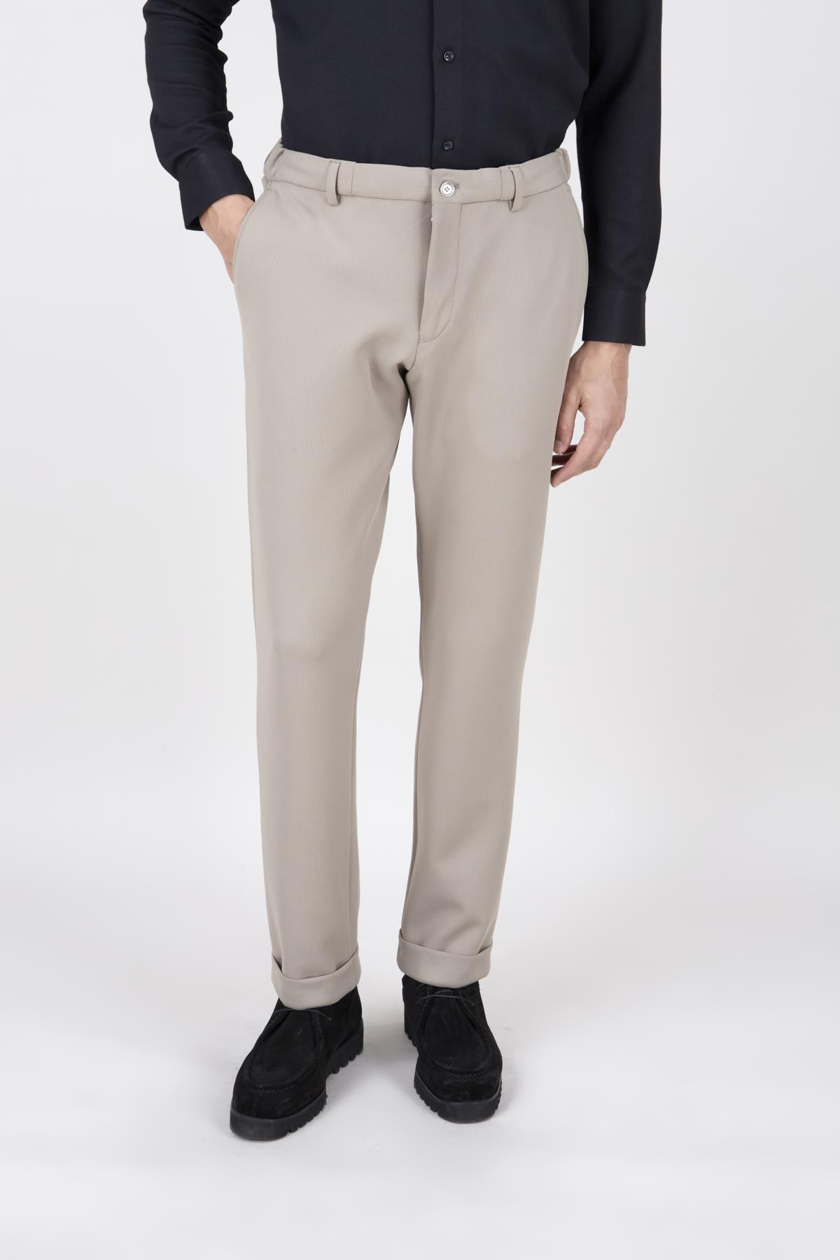 Erkek Slim Fit Sivri Yaka Puntolu Kapak Cepli Koyu Bej Yarım Astar Kruvaze Takım Elbise