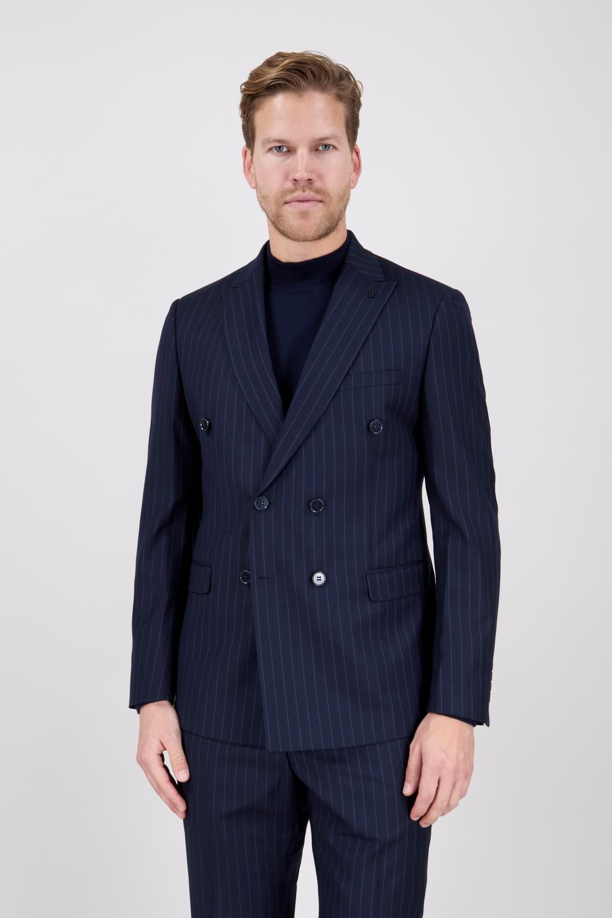 Erkek Slim Fit Sivri Yaka Koyu Lacivert Kruvaze Takım Elbise