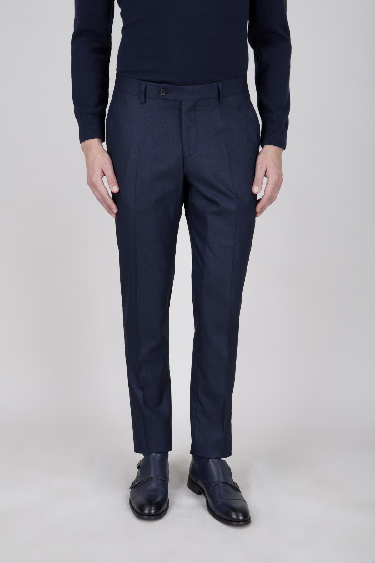 Erkek Slim Fit Sivri Yaka Koyu Lacivert Yelekli Takım Elbise