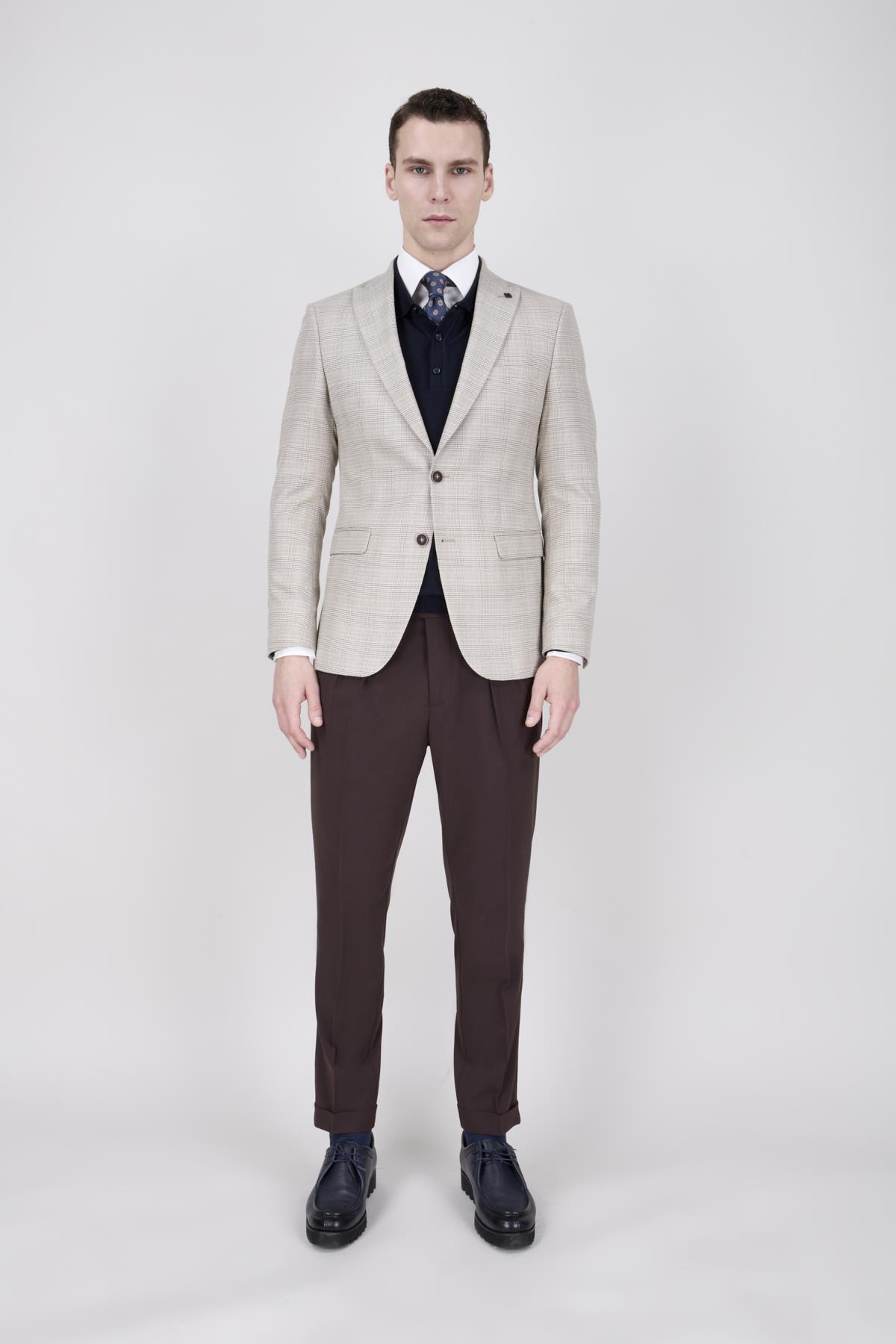 Erkek Slim Fit Mono Yaka Ekose Koyu Bej Ceket