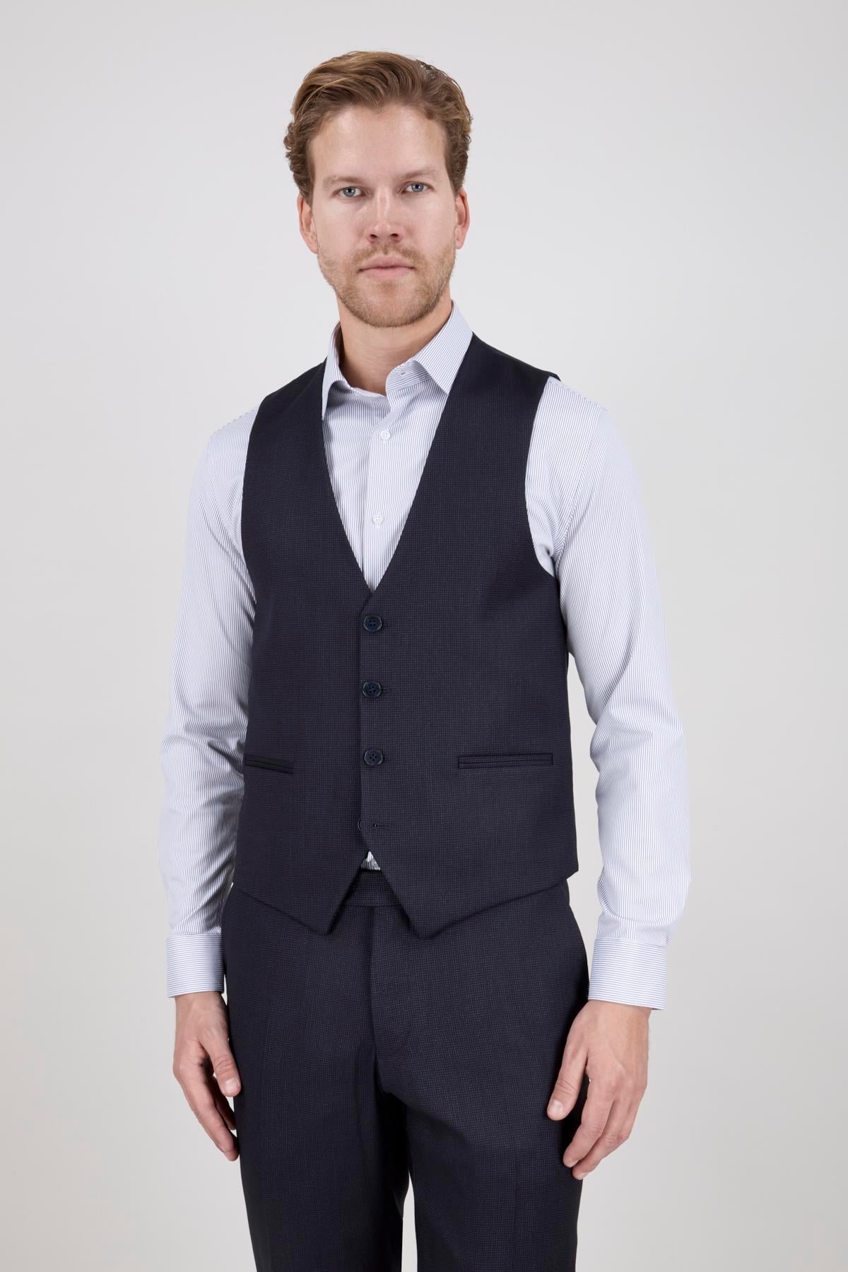 Erkek Slim Fit Mono Yaka Koyu Lacivert 8 Drop Yelekli Takım Elbise