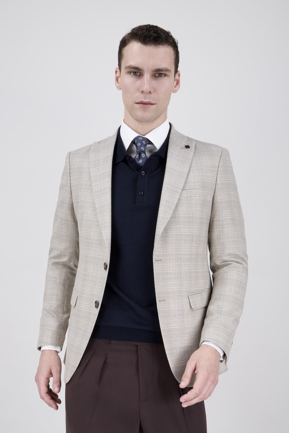 Erkek Slim Fit Mono Yaka Ekose Koyu Bej Ceket