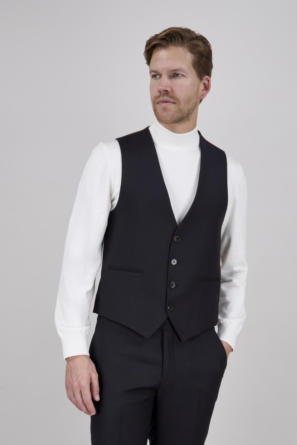 Erkek Slim Fit Sivri Yaka Koyu Kahverengi Yelekli Takım Elbise