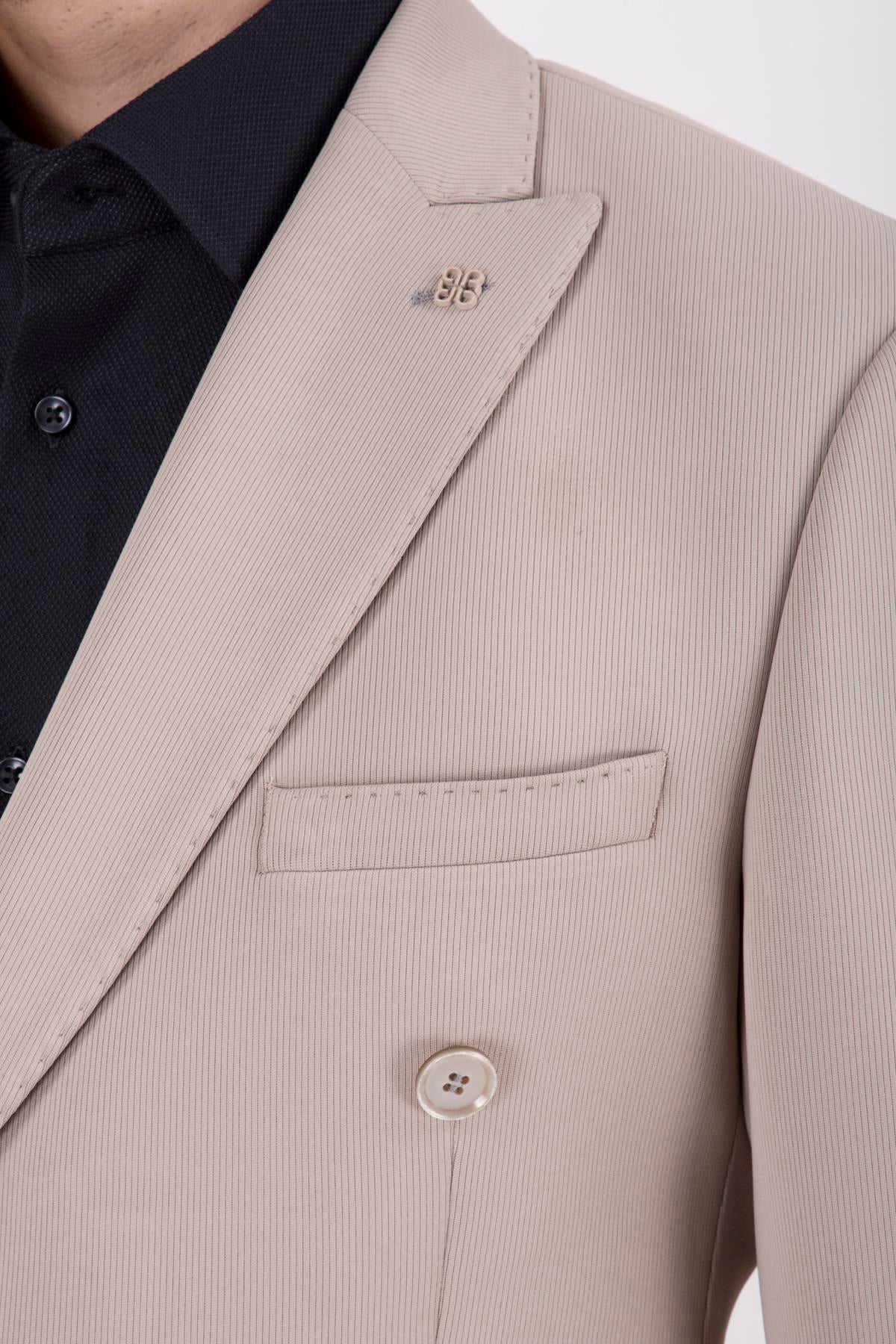 Erkek Slim Fit Sivri Yaka Puntolu Kapak Cepli Koyu Bej Yarım Astar Kruvaze Takım Elbise