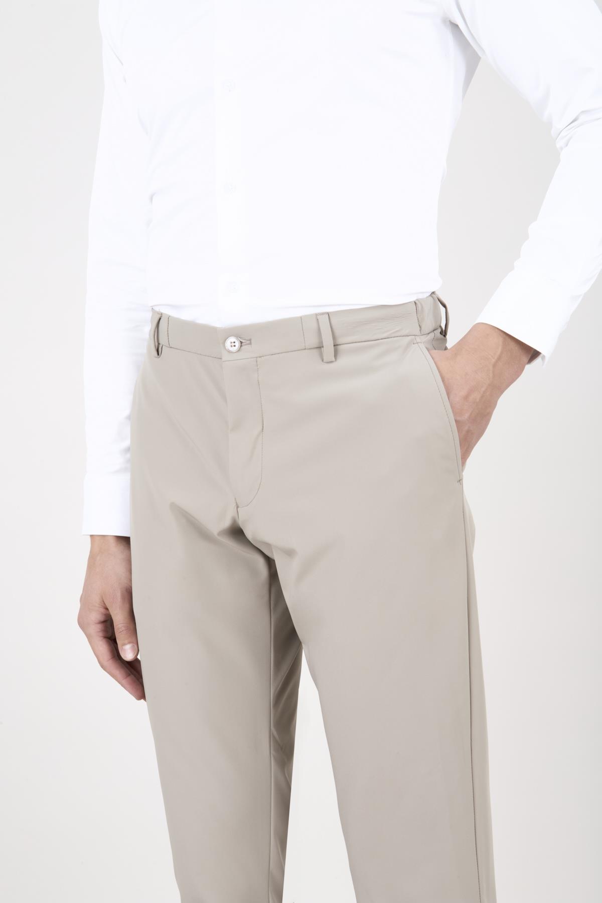 Erkek Slim Fit Sivri Yaka Torba Cep Yarım Astar Koyu Bej Kruvaze Takım Elbise