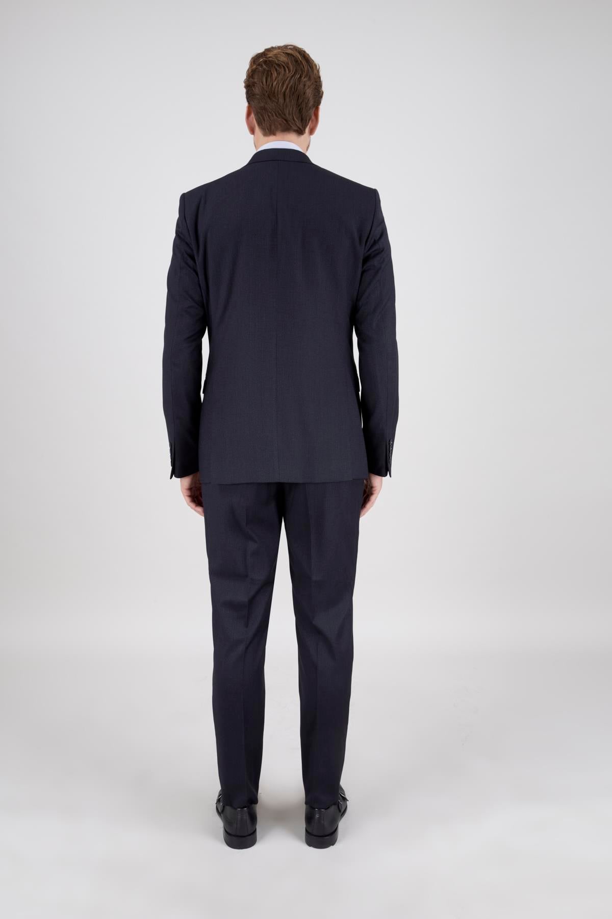 Erkek Slim Fit Mono Yaka Koyu Lacivert 8 Drop Yelekli Takım Elbise