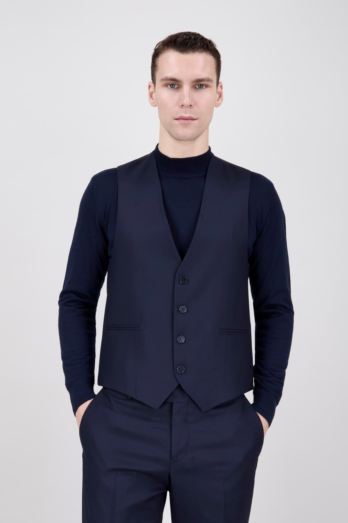 Erkek Slim Fit Sivri Yaka Koyu Lacivert Yelekli Takım Elbise